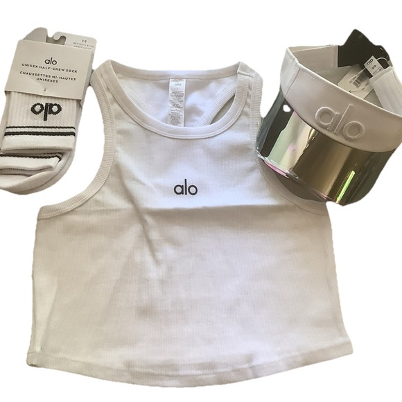 ALO Yoga Tops - ALO Yoga White Tank Top, Socks, and Visor Set